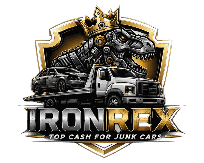 IronRex Top Cash For Junk Cars logo with tow truck and crowned T-rex